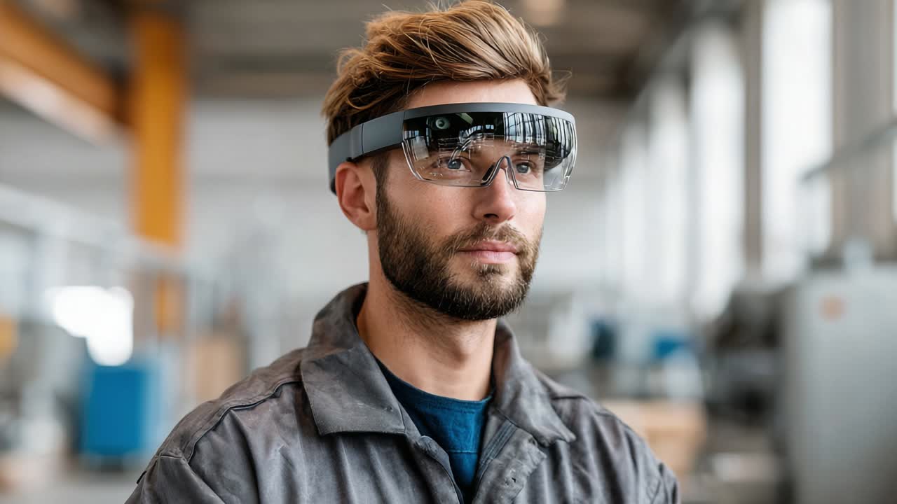Man wearing augmented reality smart glasses in a factory setting
