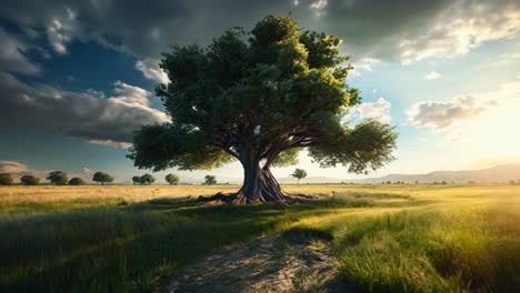 un árbol solitario en el medio de un campo de hierba bajo un cielo nublado