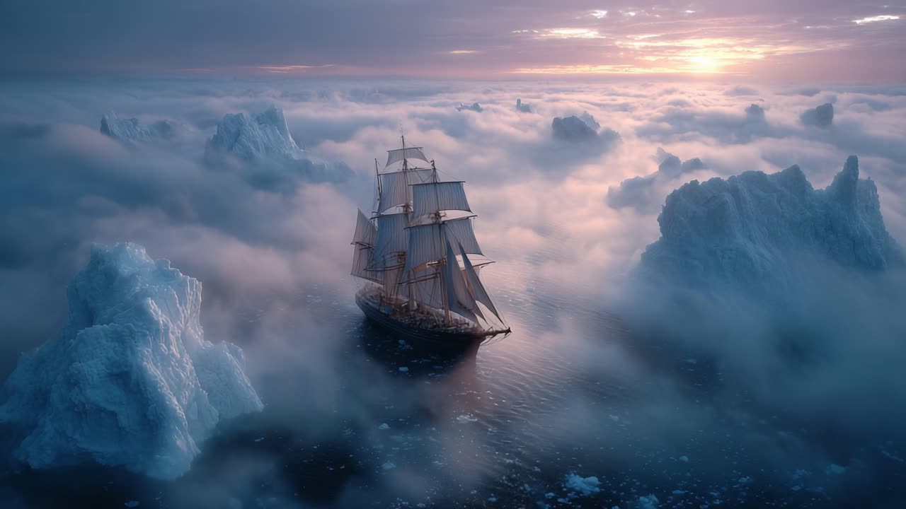 A Majestic Sailing Ship Gliding Through Ice-Filled Waters Under a Dreamy Sky at Dawn, Surrounded by Enigmatic Cloud Environments and Frosty Formations
