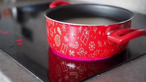 red christmas-themed pot on stove