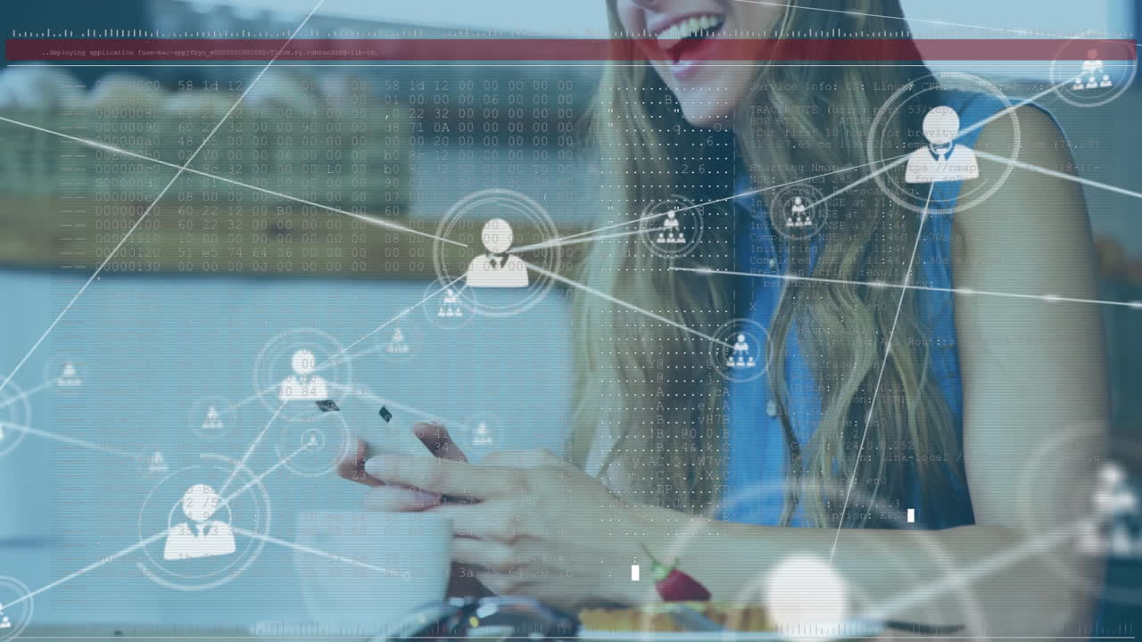 animación de la red de conexiones con personas iconos sobre mujer caucásica usando teléfono inteligente