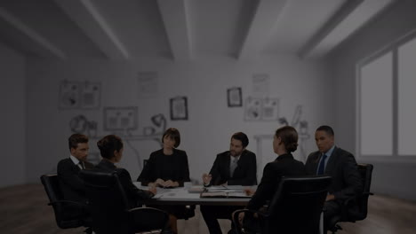 animación de múltiples gráficos en la cuadrícula moviéndose sobre colegas multirraciales discutiendo en la reunión