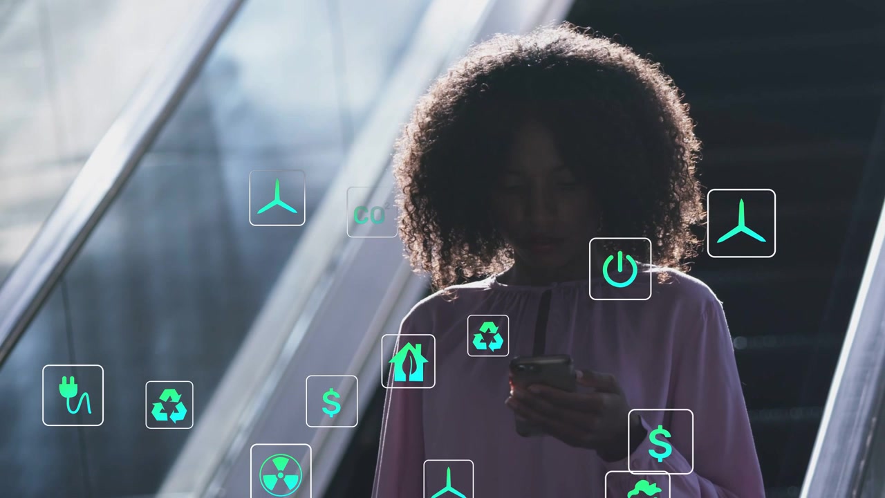 Woman using phone initiating green tech icons rising grouping over torso showing eco data