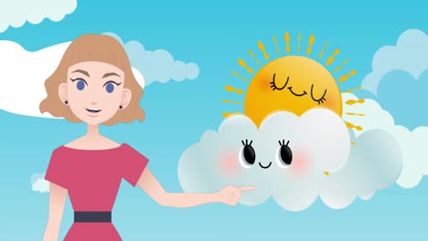Animation-Einer-Frau,-Die-über-Wolken-Und-Sonnensymbolen-Spricht