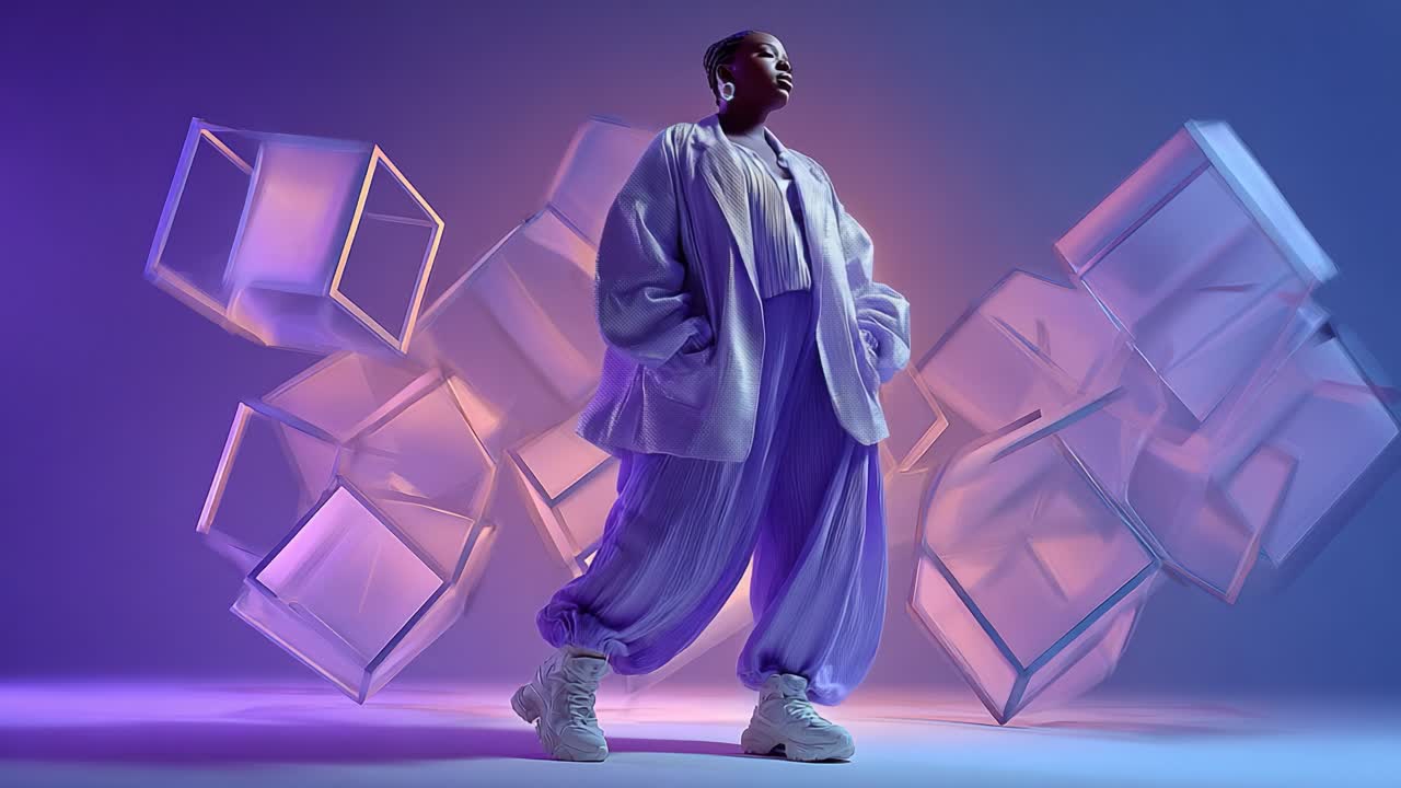 A Contemporary Fashion Showcase Featuring a Model in Stylish Purple Attire Amidst Floating Geometric Shapes, Blending Modern Aesthetics with Creative Visual Elements
