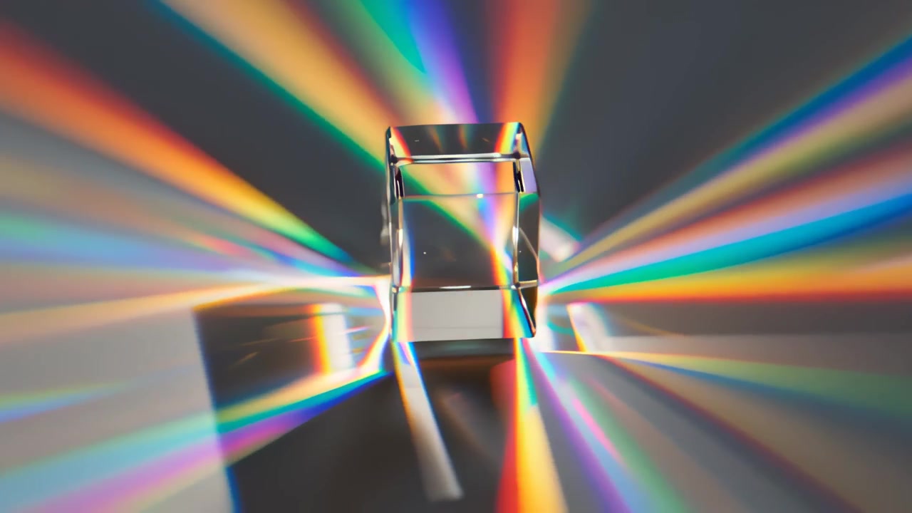 Filmato ravvicinato di un prisma di vetro trasparente che rifrange la luce bianca in vividi raggi arcobaleno su una superficie scura, creando motivi e riflessi dello spettro colorati.