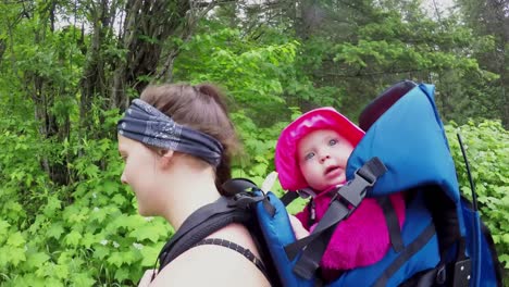 Mother-carrying-baby-in-carrier-backpack-while-walking-through-forest-4k