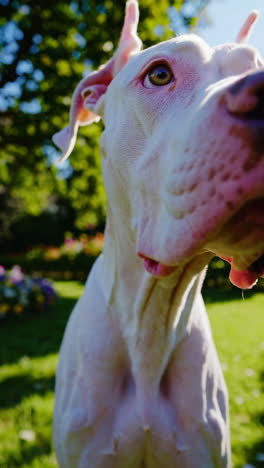 white great dane in a garden