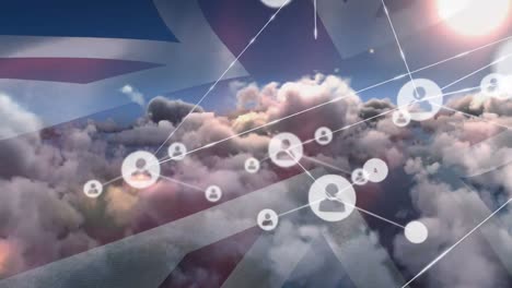 Animation-of-network-of-connections-with-icons-over-flag-of-united-kingdom-and-sky