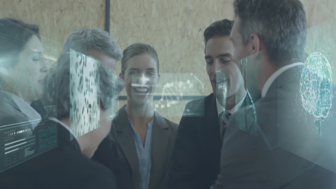 Using animation, business team collaborating with digital data in modern office