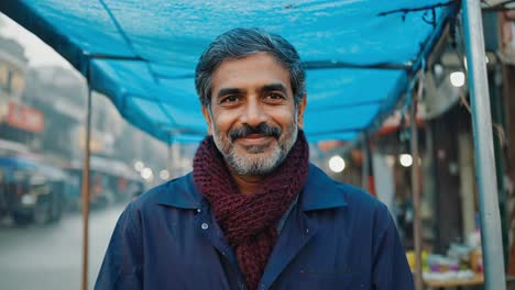 confident and friendly mature street vendor smiling under the blue awning of his market stall, proud small business owner in a bustling marketplace