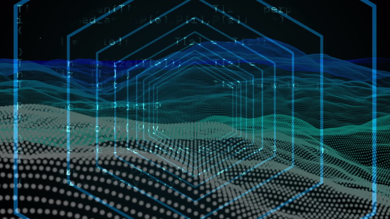 Animation of data processing and digital tunnel on black background