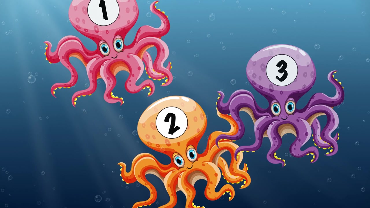 Polpi colorati numerati in stile cartone animato galleggiano nell'acqua blu con raggi di luce e bolle.