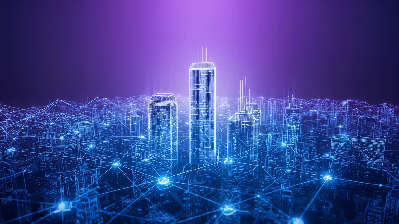 At start wireframe skyscrapers sending light pulses through node lines scanning city in simulation