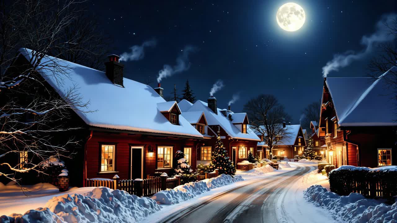 Cozy Winter Village at Night with Full Moon and Christmas Lights