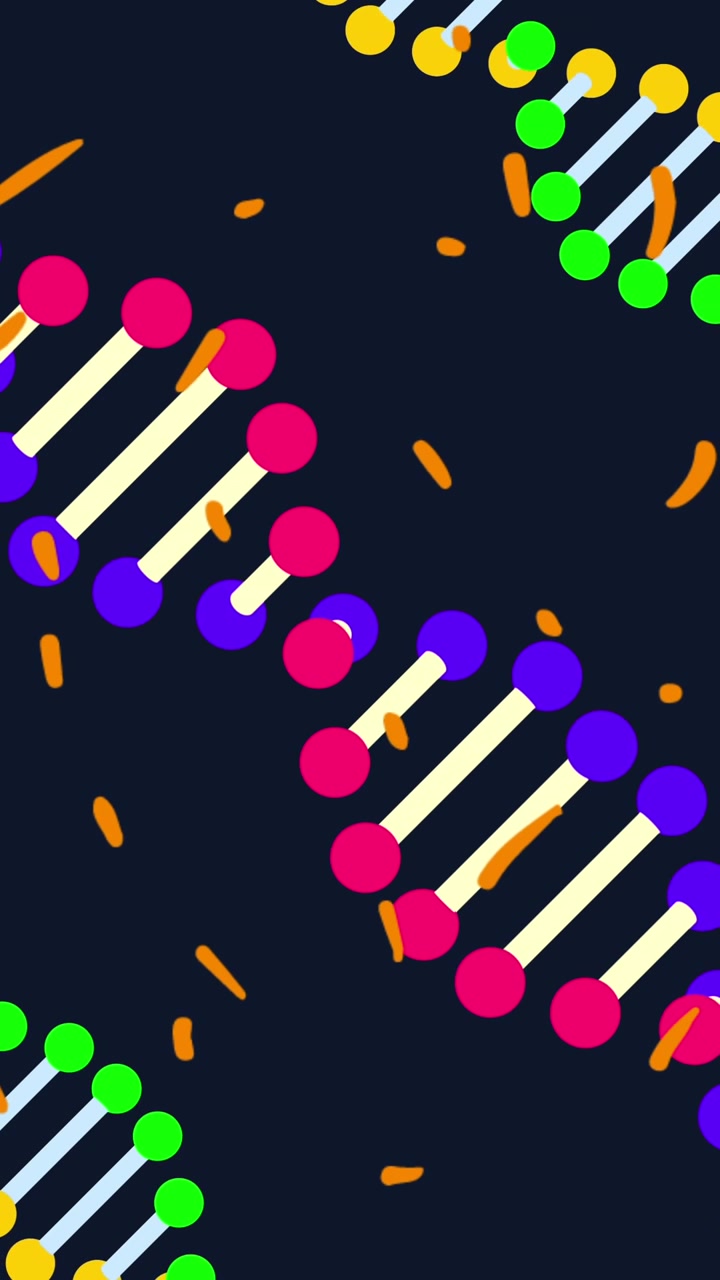 Animazione di fili di DNA colorati con macchioline arancioni su sfondo nero