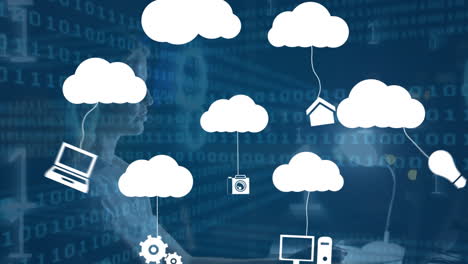 animación de nubes con iconos y codificación binaria sobre mujer caucásica usando computadora