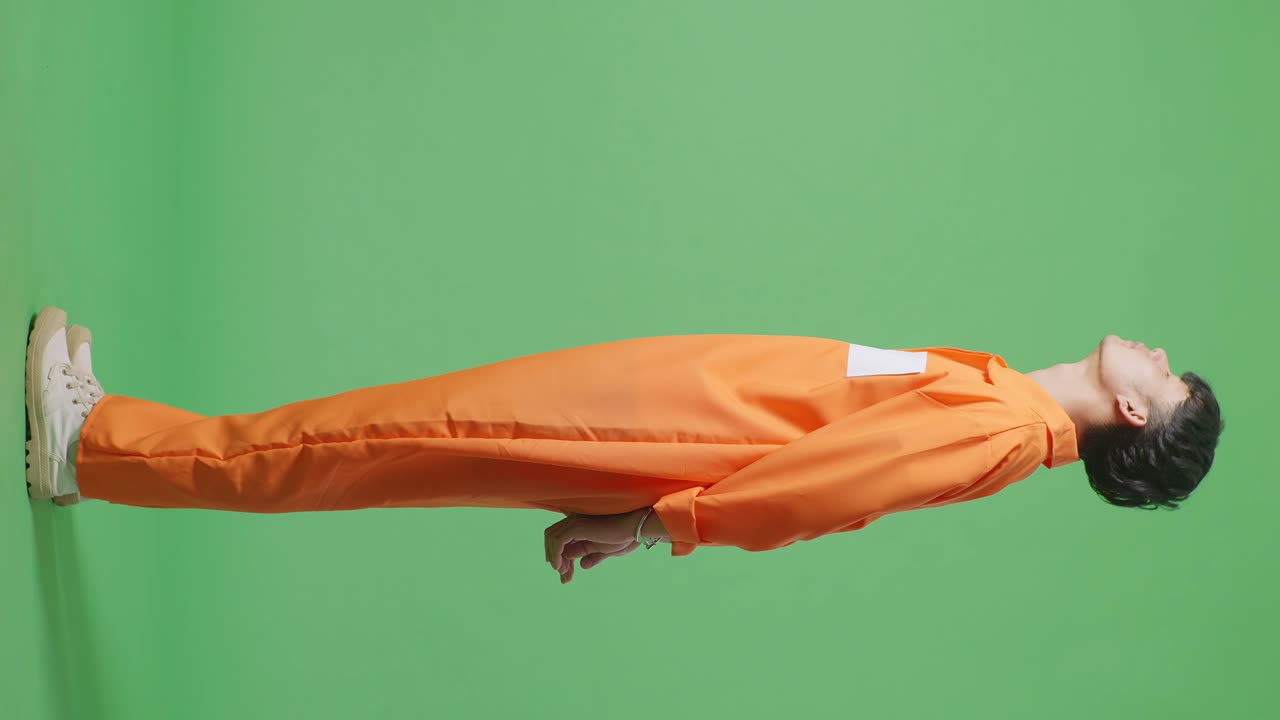 손을 은 아시아 남성 수감자가 녹색 스크린 배경에 서서 위아래로 쳐다보며 머리를 흔들며 자신이 한 일에 화를 내고 있습니다.