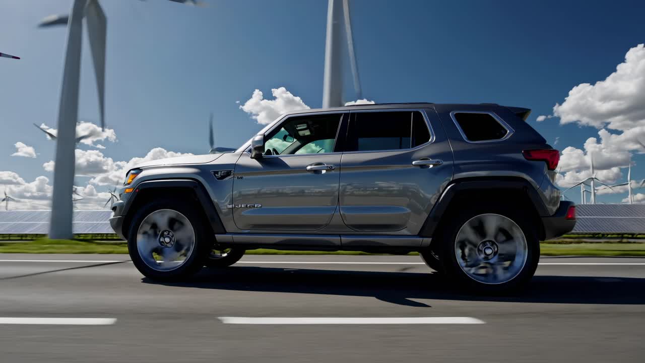 Vista laterale di un SUV color argento che passa accanto a turbine eoliche sotto un cielo blu