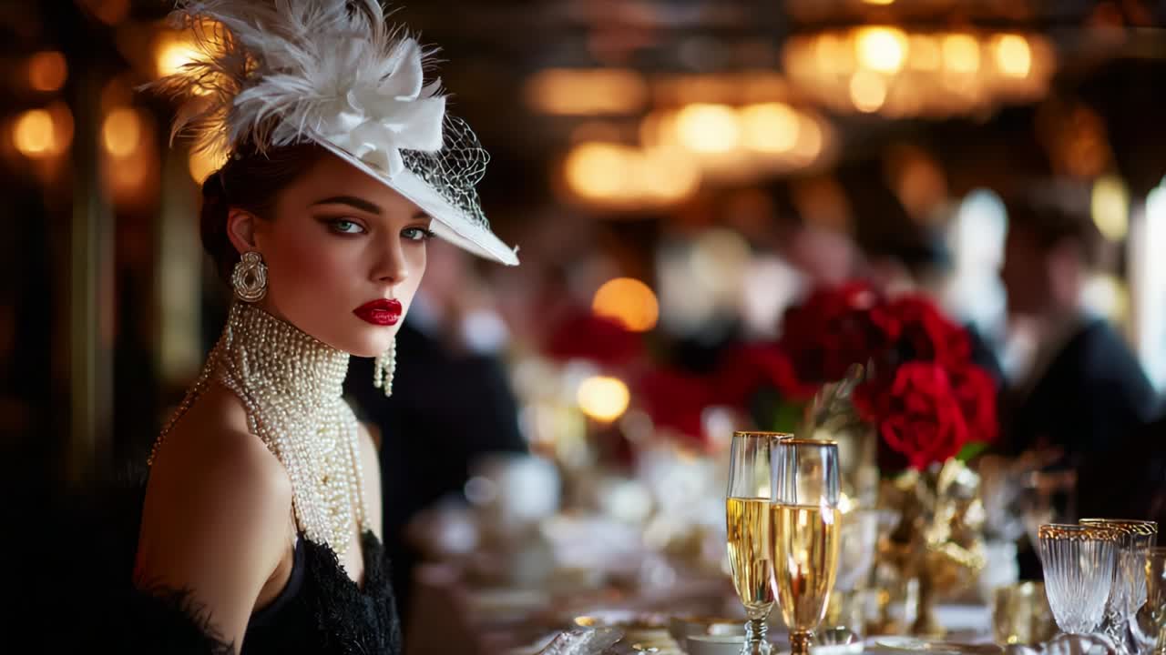 Elegant Woman in Flamboyant Hat at a Lavish Dinner Table Surrounded by Glamorous Decor and Beautiful Floral Arrangements, Capturing a Moment of Luxury and Style in an Upscale Dining Experience