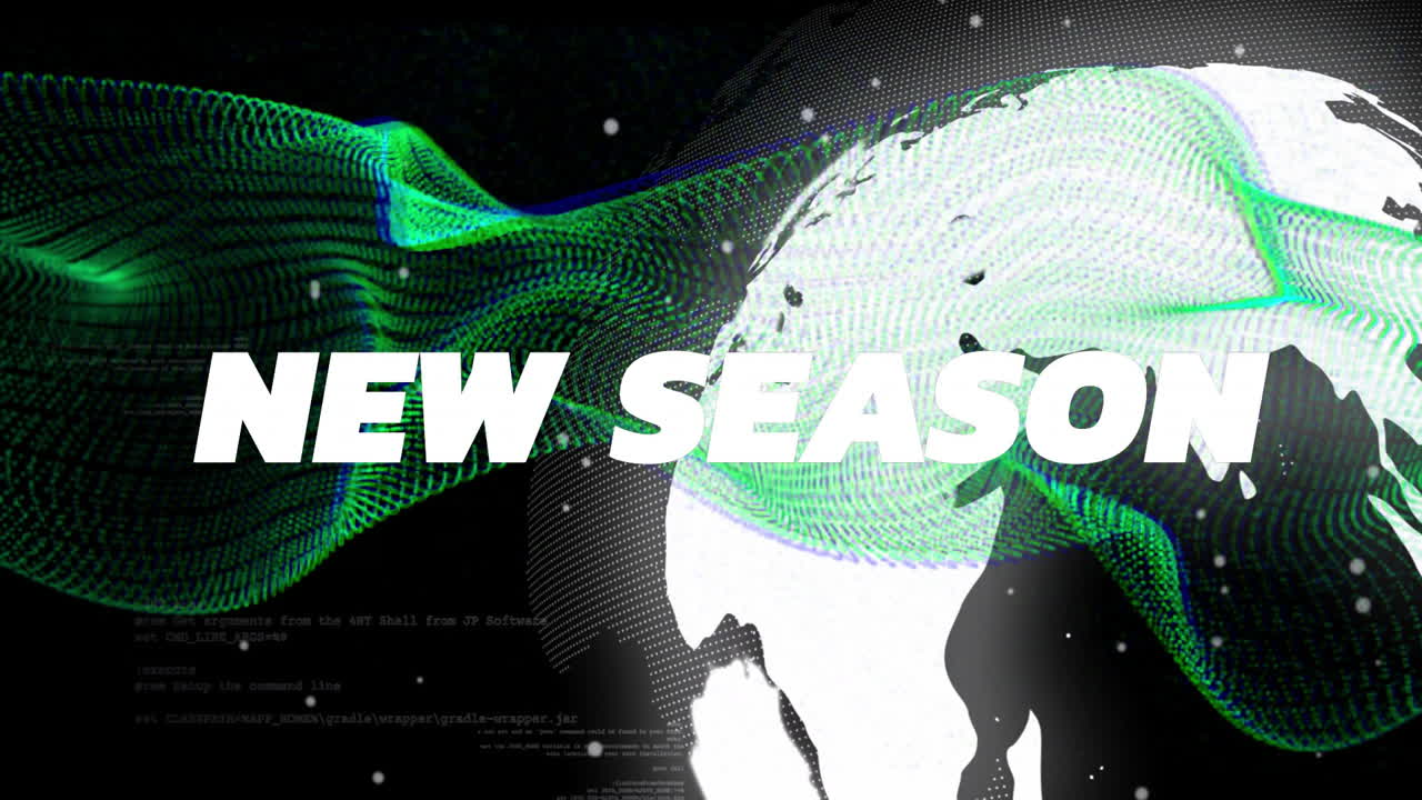 New season text over digital globe with green wave animation