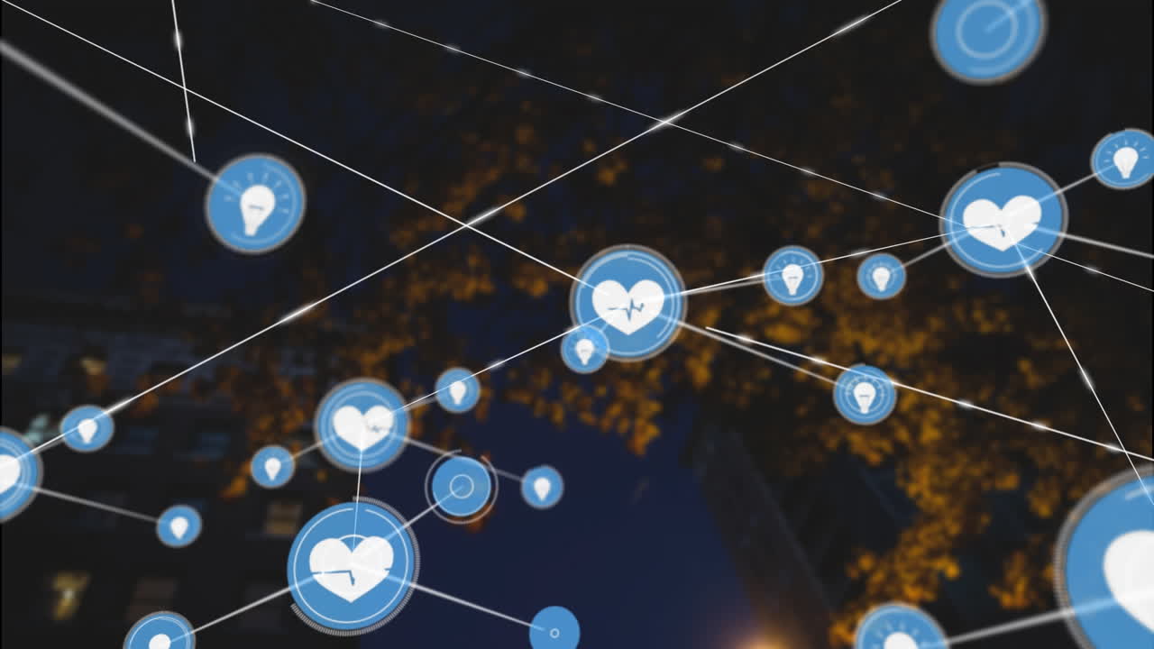 나 ⁇ 잎이 있는 나무 가지 위에 아이콘으로 연결된 네트워크의 애니메이션