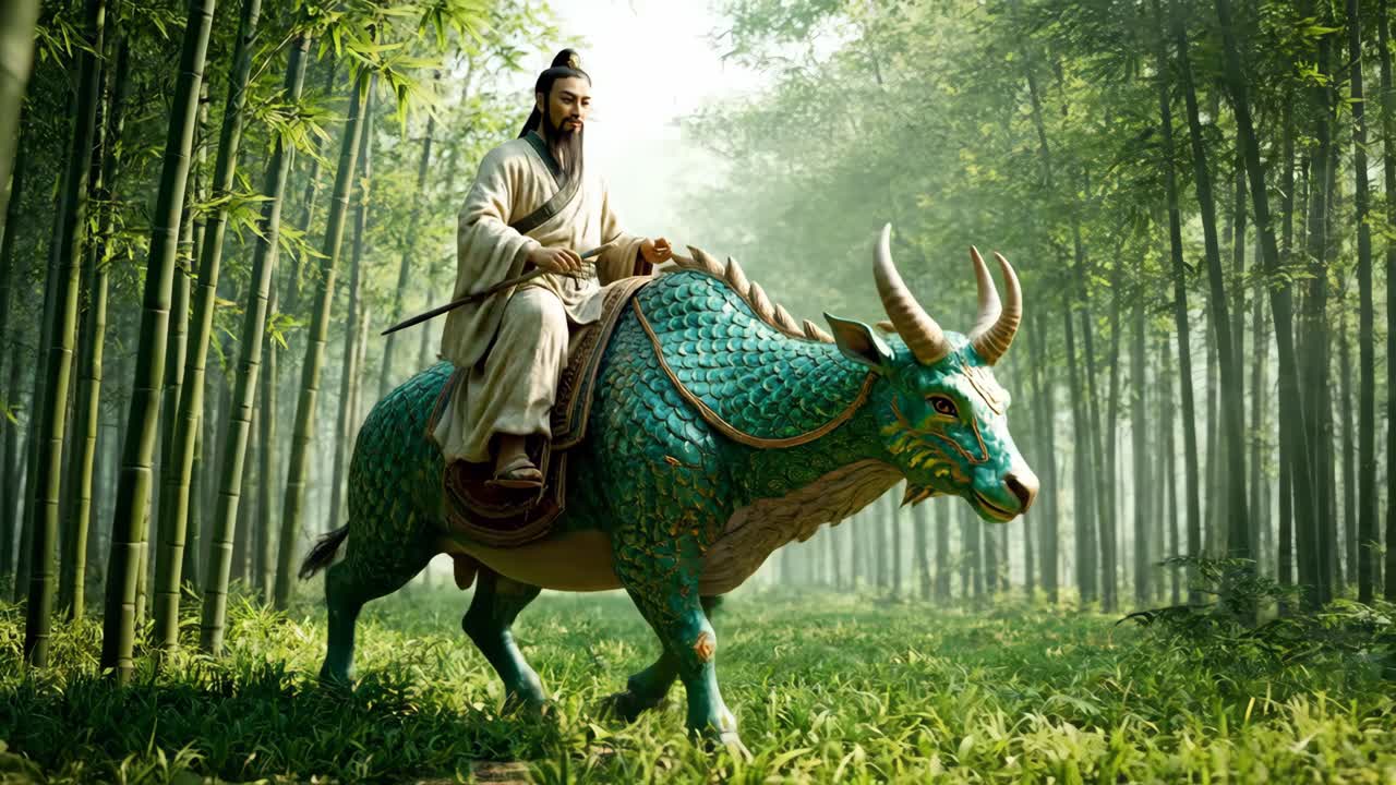 Man Riding a Mythical Ox in a Bamboo Forest