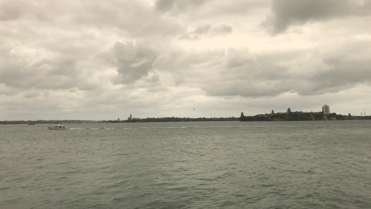 Small yacht sails across the Auckland City harbor on a grey cloudy day