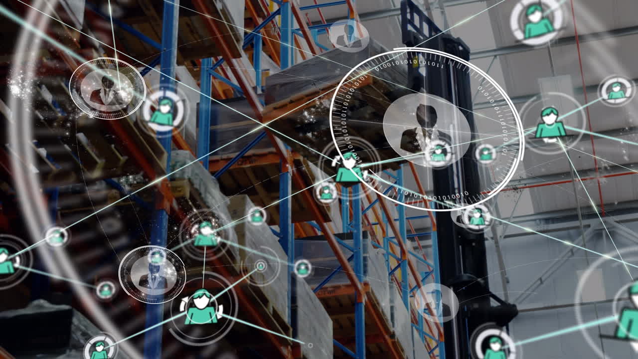 animación de íconos conectados con líneas sobre vista de ángulo bajo de la grúa con paleta en el almacén.