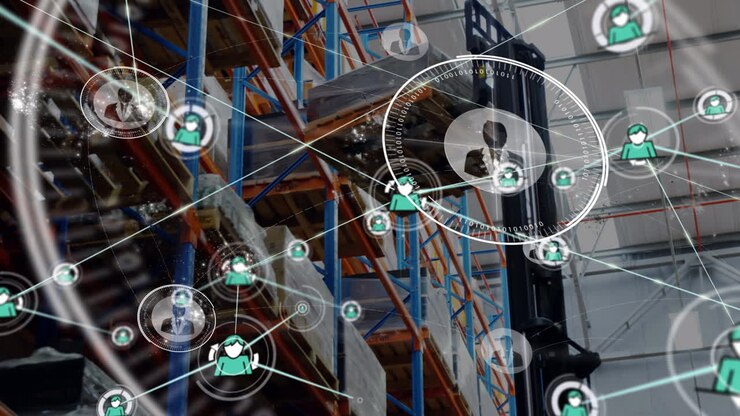 Animation of icons connected with lines over low angle view of crane with pallet in warehouse