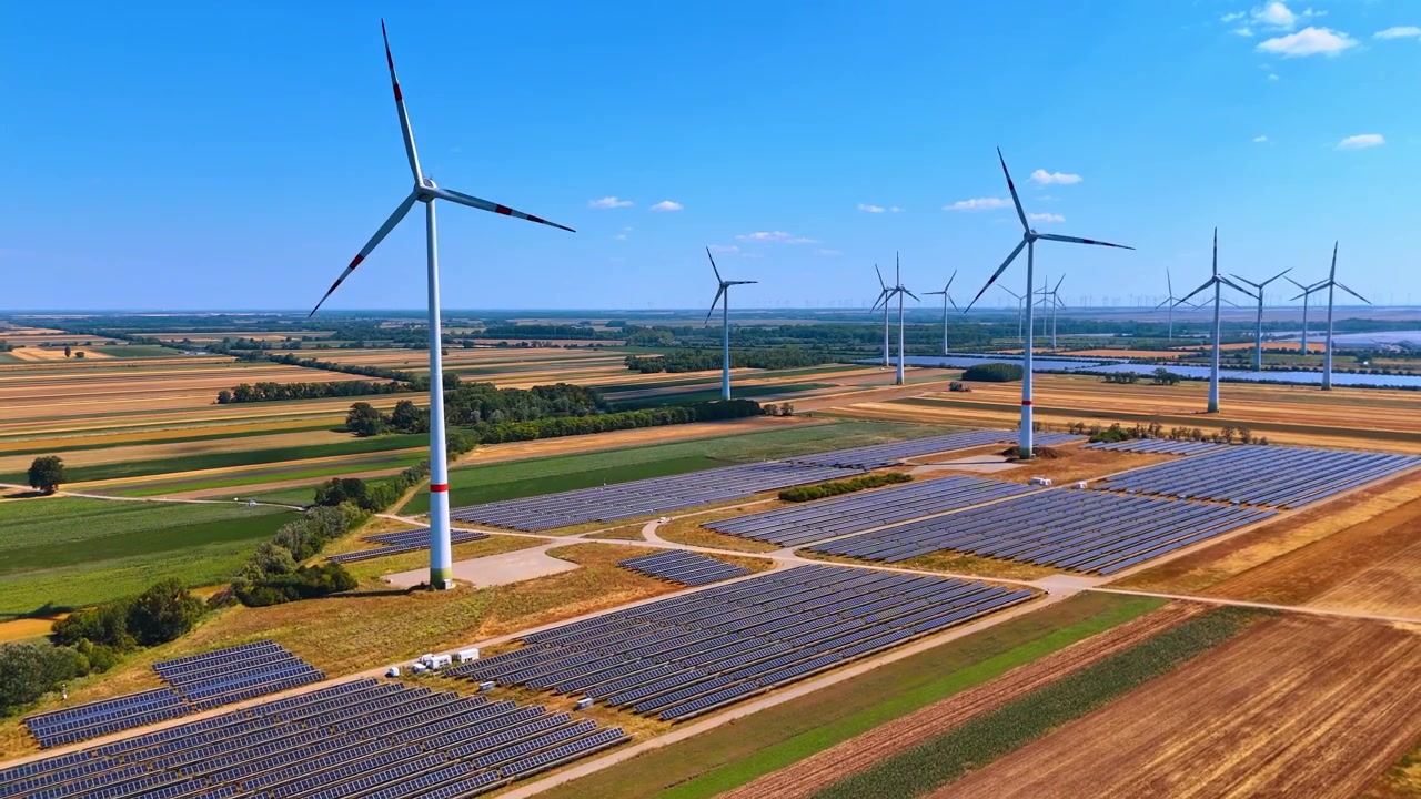 Luftfoto af hybrid vind- og solkraftværk. Blå solcellepaneler og hvide generatortårne står spredt over landbrugsjord i skarpt sollys.
