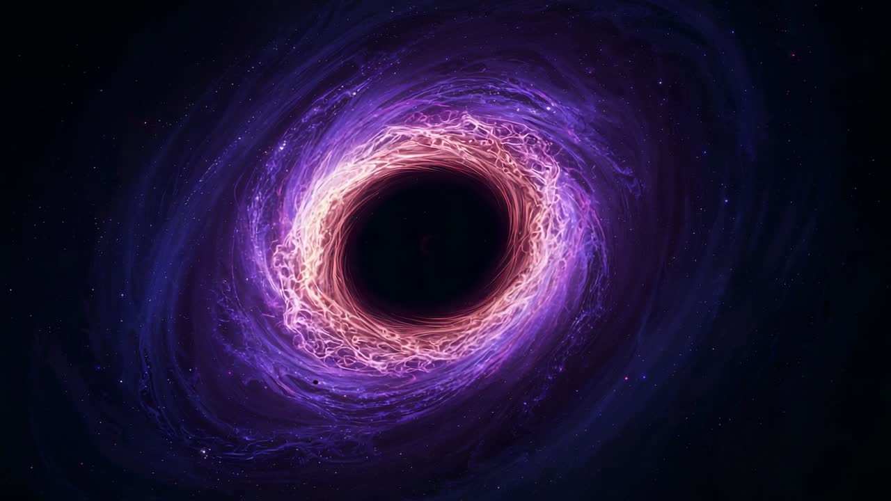 Luminescent strands emerging from purple haze and forming energy ring in space, with central void