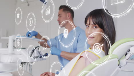 in school, dentist using animation with patient for healthcare technology concept