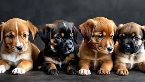 a group of four puppies laying next to each other