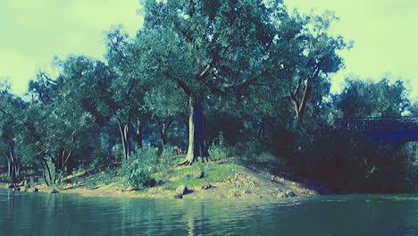 scenic riverside with oak trees and a rustic bridge in sunlight