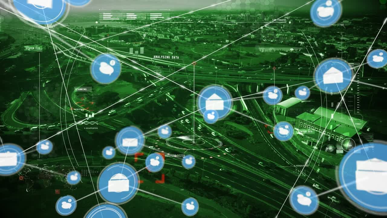 Animation of network of connections with icons over cityscape