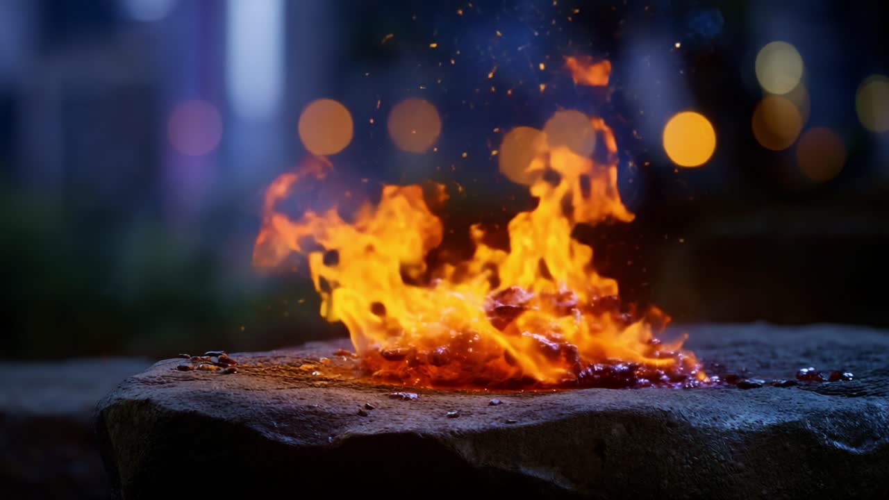 A vibrant fire burning on a stone surface, radiating warmth and light with a backdrop of blurred city lights in a nocturnal setting, capturing natural energy
