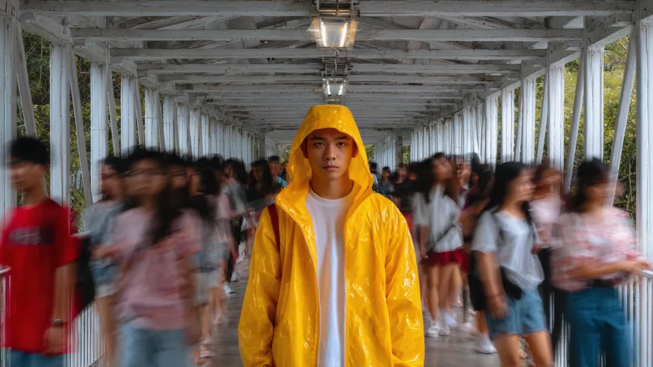 A solitary figure in a yellow raincoat stands amidst a bustling crowd, creating a striking contrast in this vibrant urban scene captured in the frames