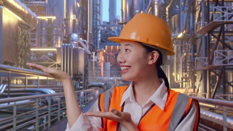 close up of asian female engineer with safety helmet smiling and pointing to side while standing at a vast oil refinery