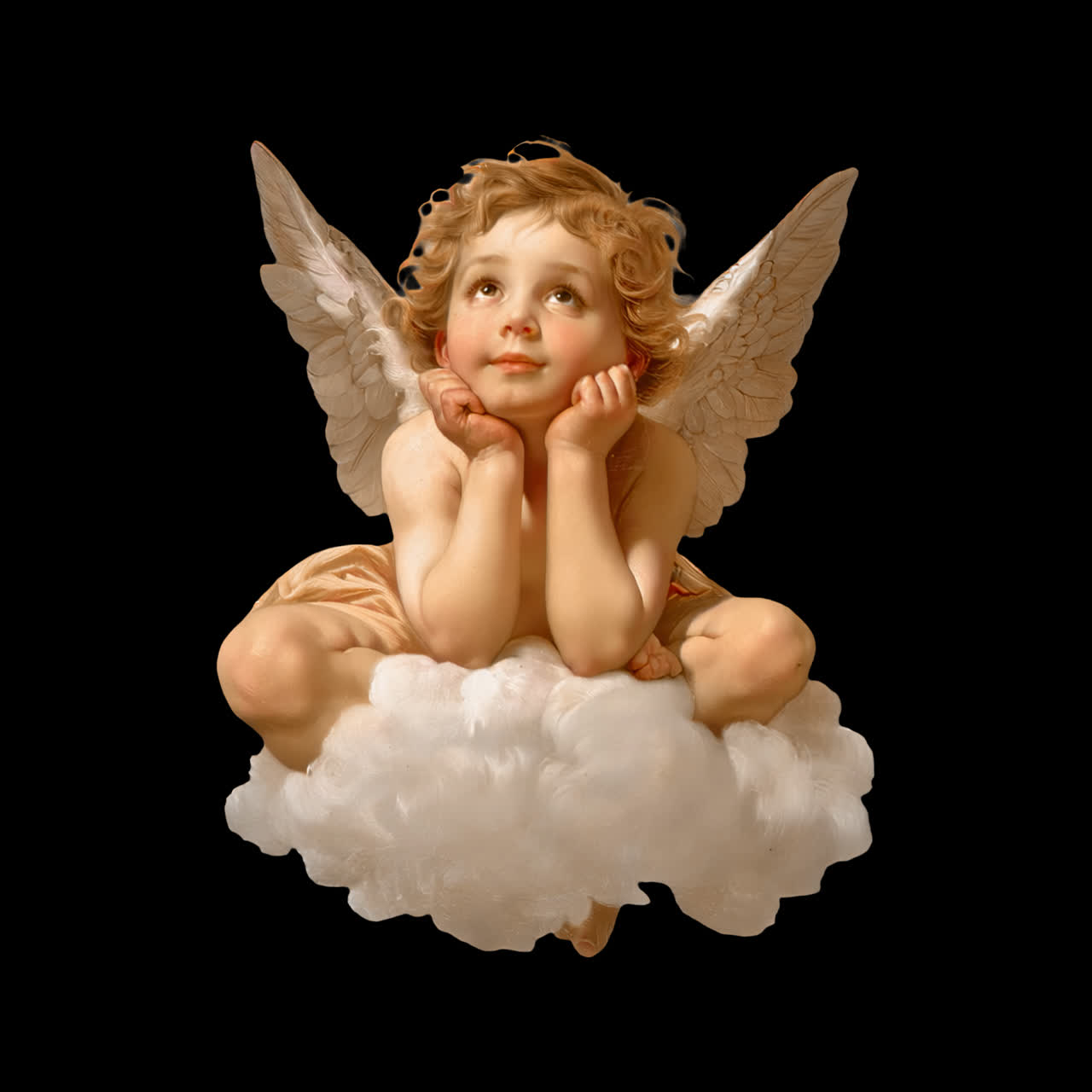 Cherubic angel on fluffy cloud animation isolated asset, transparent 4K video, alpha channel, ProRes