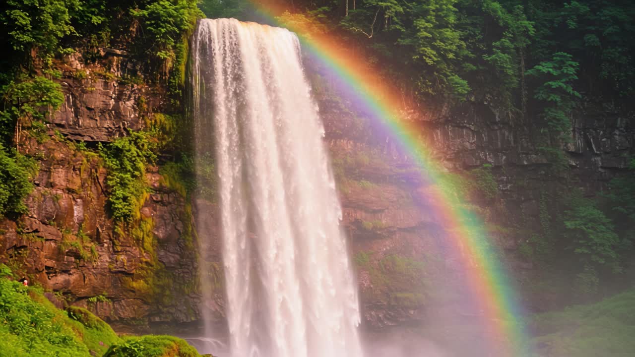 A Majestic Waterfall Cascading Down Rocks, Surrounded by Lush Greenery and a Stunning Rainbow Arching Across the Skyline in a Breathtaking Natural Scene