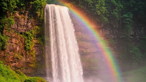 a majestic waterfall cascading down rocks, surrounded by lush greenery and a stunning rainbow arching across the skyline in a breathtaking natural scene