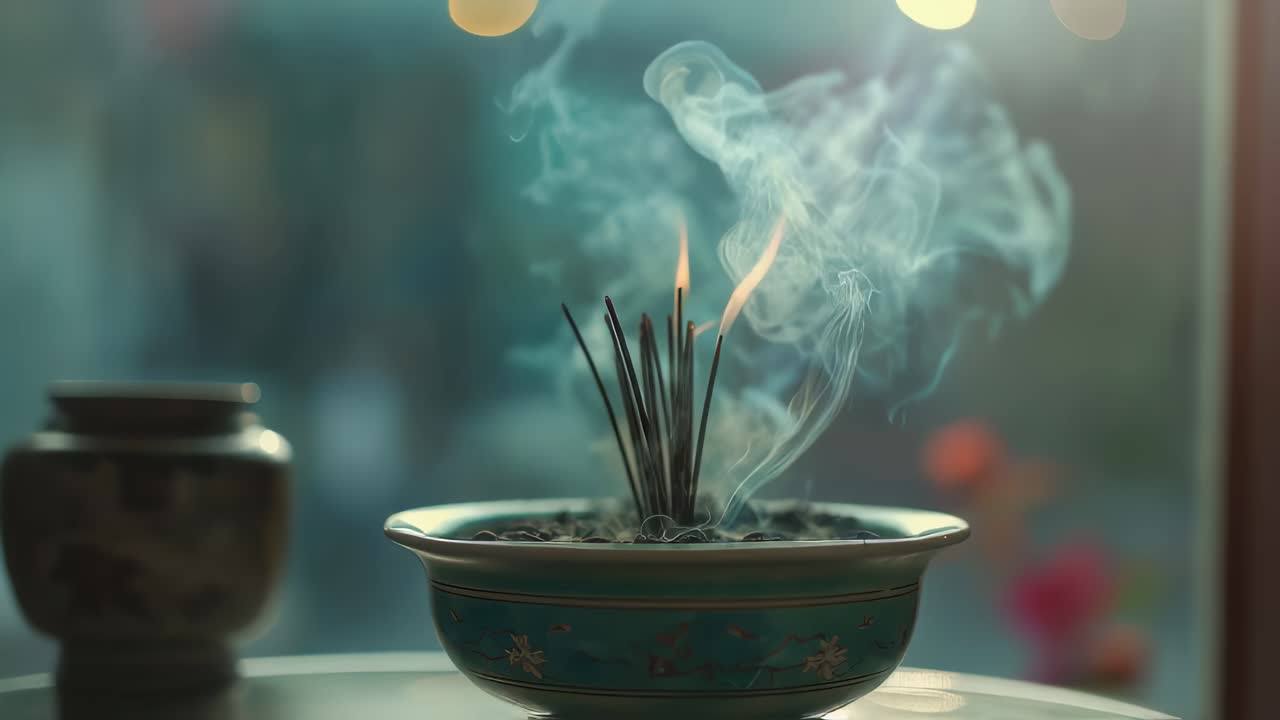 Fragrant smoke rising from burning incense sticks, creating mesmerizing plume drifting softly against blurred background, symbolizing spiritual tranquility and meditative atmosphere
