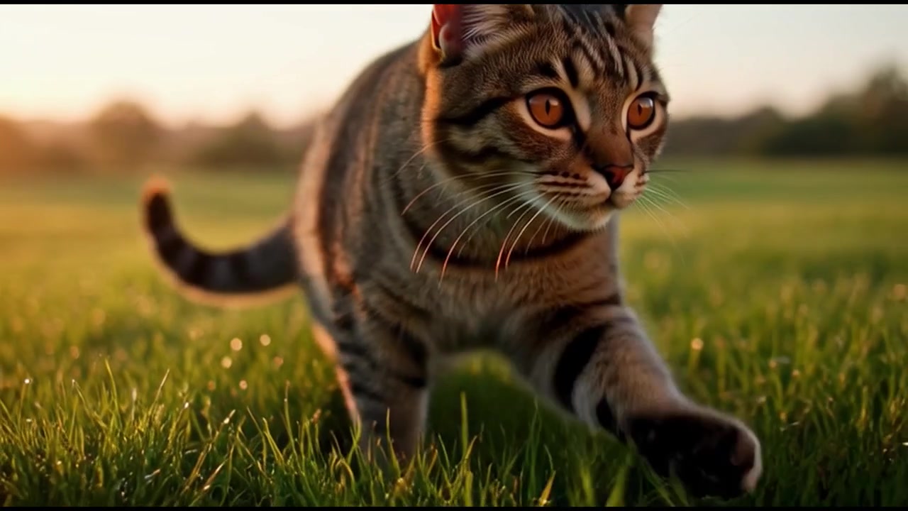 Gatto soriano che cammina nell'erba verde al tramonto