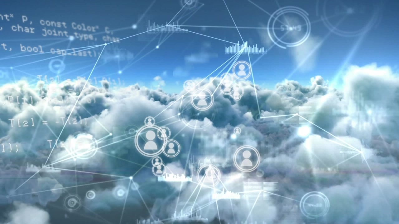Network of connections and data processing against clouds in blue sky