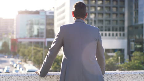 cityscape, sunrise and business man from back