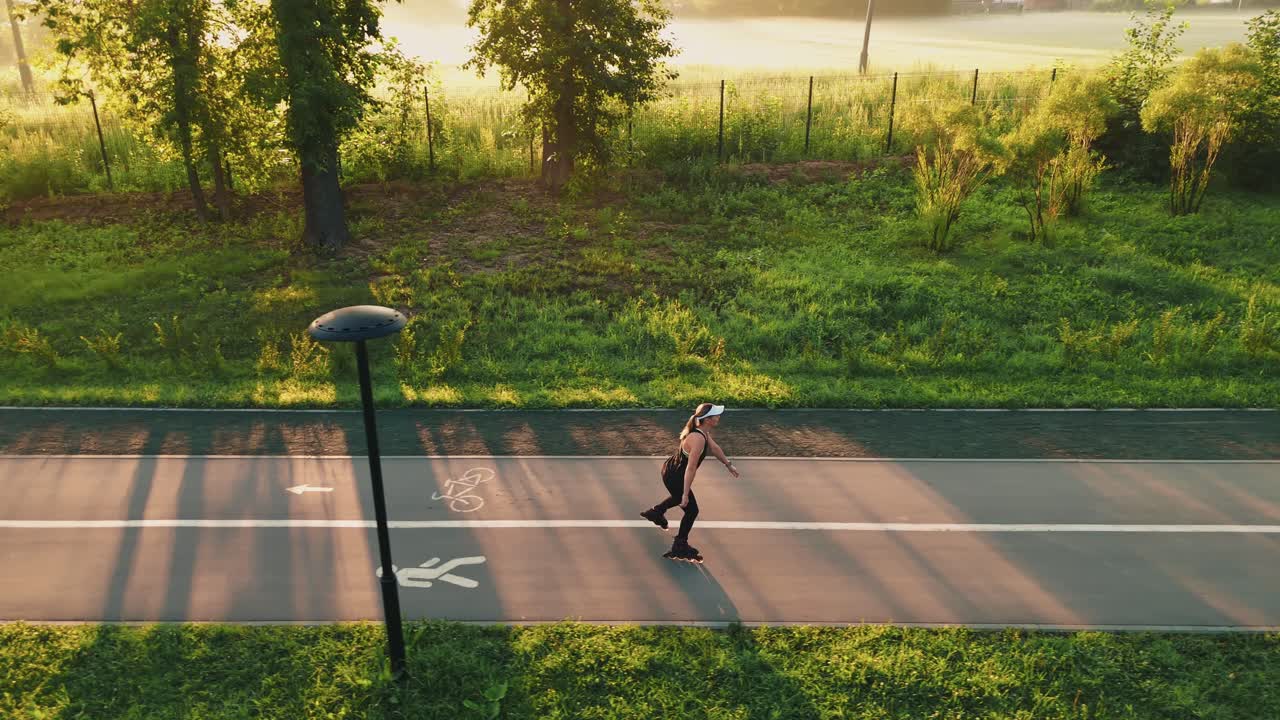 Woman Rollerblading in a Park at Sunrise