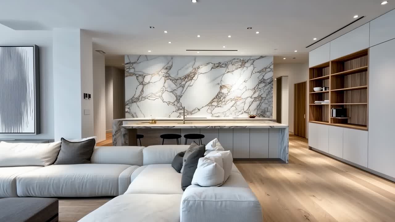 Video de una sala de estar moderna con vista de gran angular, mostrando elegantes paredes de mármol, minimalista.