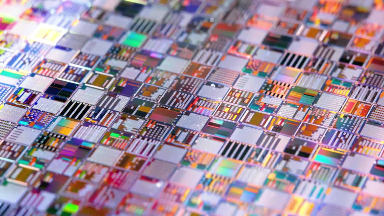 실리콘 반도체 웨이퍼 클로즈업. 전자공학에서, 웨이퍼는 슬라이스 또는 서브스트레이트라고도 불리며, 집적 회로의 제조에 사용되는 반도체, 결정성 실리콘의  ⁇ 은 슬라이스입니다.