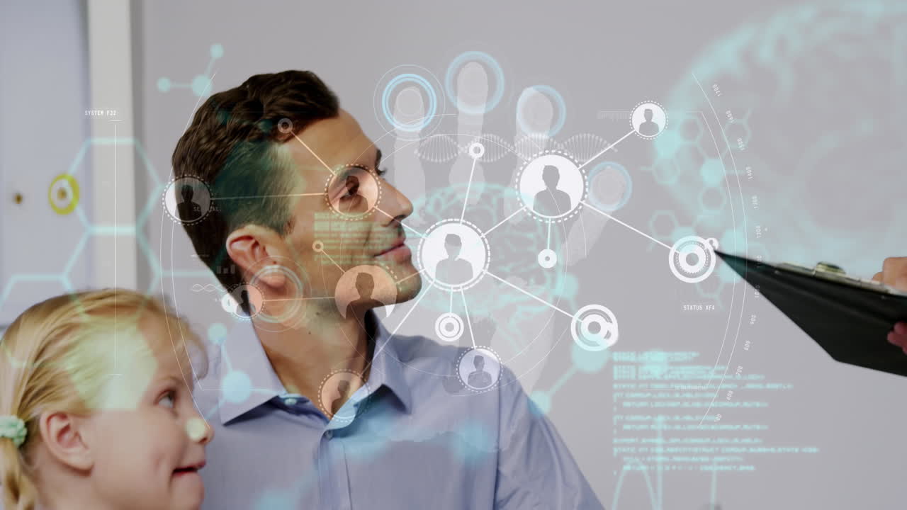 animación de procesamiento de datos en la sección media de un médico hablando con un padre y una hija caucásicos.